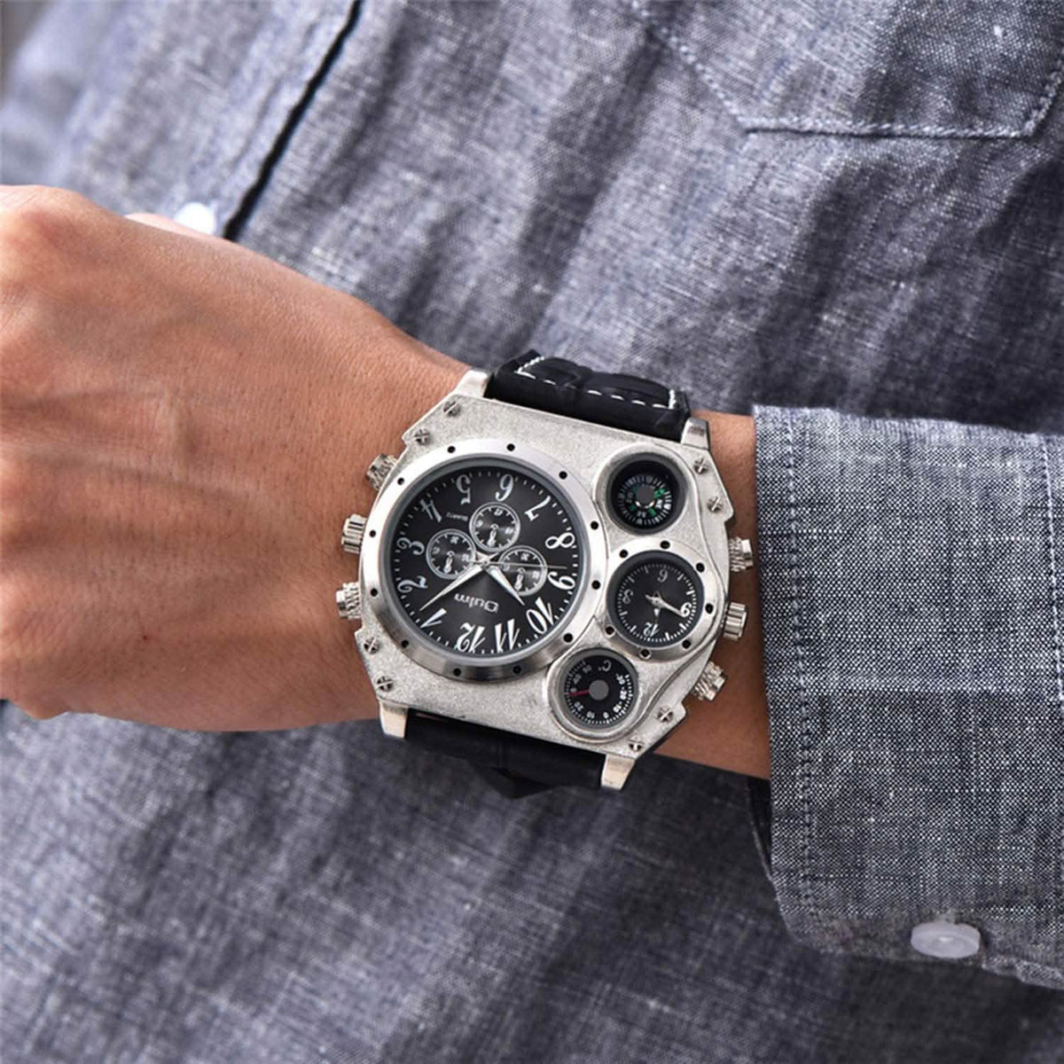 Avaner Mens Big Face Dual Time Zone Leather Strap Sport Watch Watches - Tophatter Daily Deals