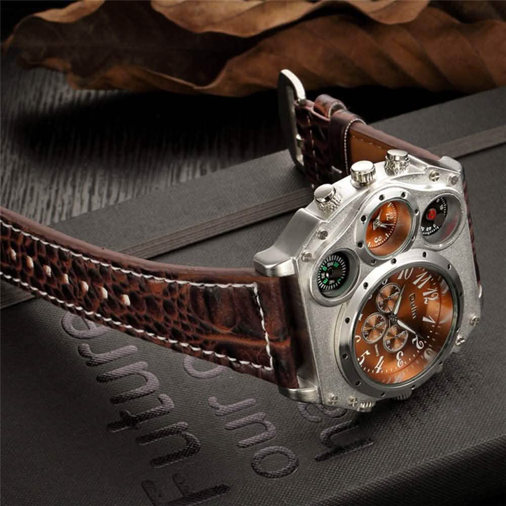 Avaner Mens Big Face Dual Time Zone Leather Strap Sport Watch Watches - Tophatter Daily Deals