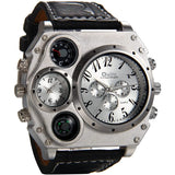 Avaner Mens Big Face Dual Time Zone Leather Strap Sport Watch Silver Watches - Tophatter Daily Deals