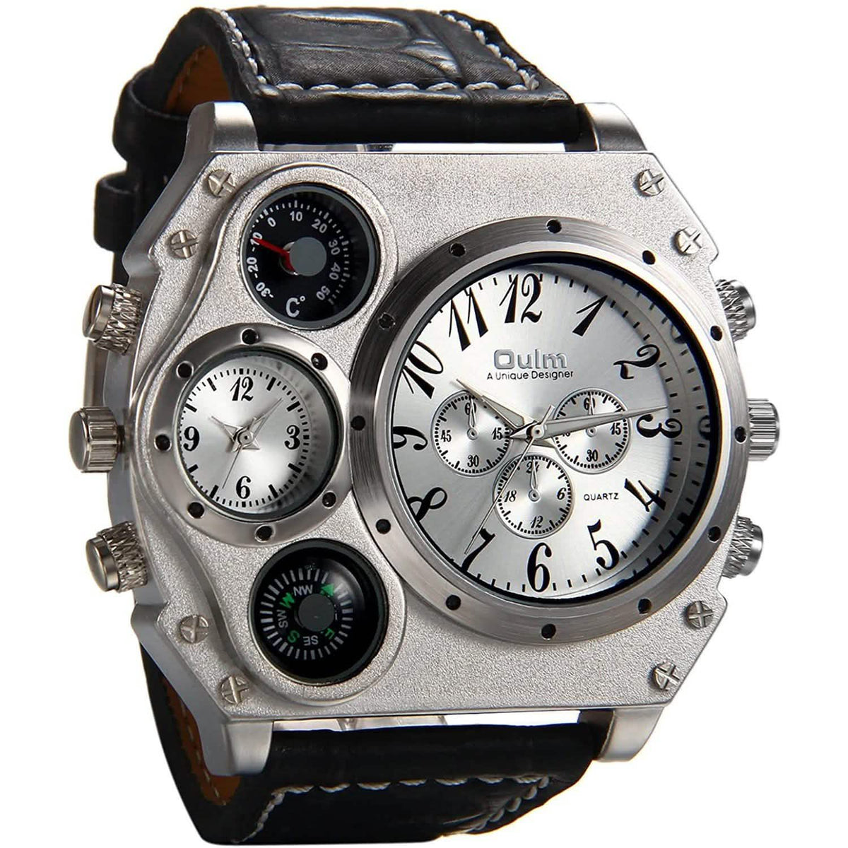 Avaner Mens Big Face Dual Time Zone Leather Strap Sport Watch Silver Watches - Tophatter Daily Deals