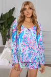 Round Neck Printed Top and Shorts Lounge Set Sky Blue Loungewear Sets - Tophatter Daily Deals