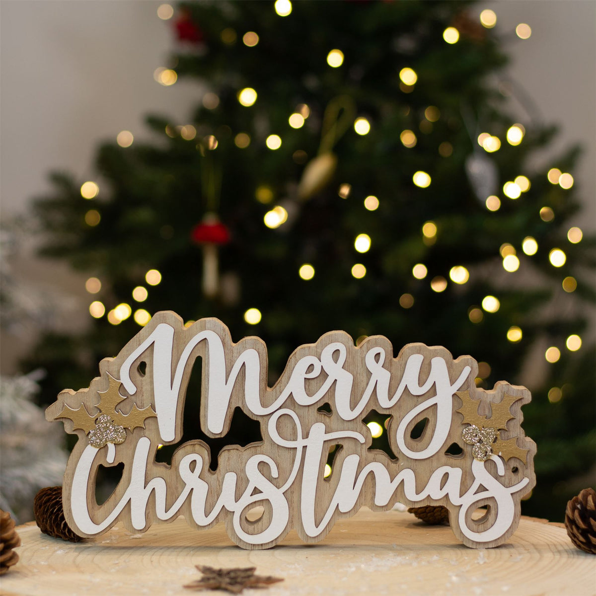 Merry Christmas Wooden Word Block | Festive Freestanding Wooden Letter Sign 30cm Ornament - Tophatter Daily Deals