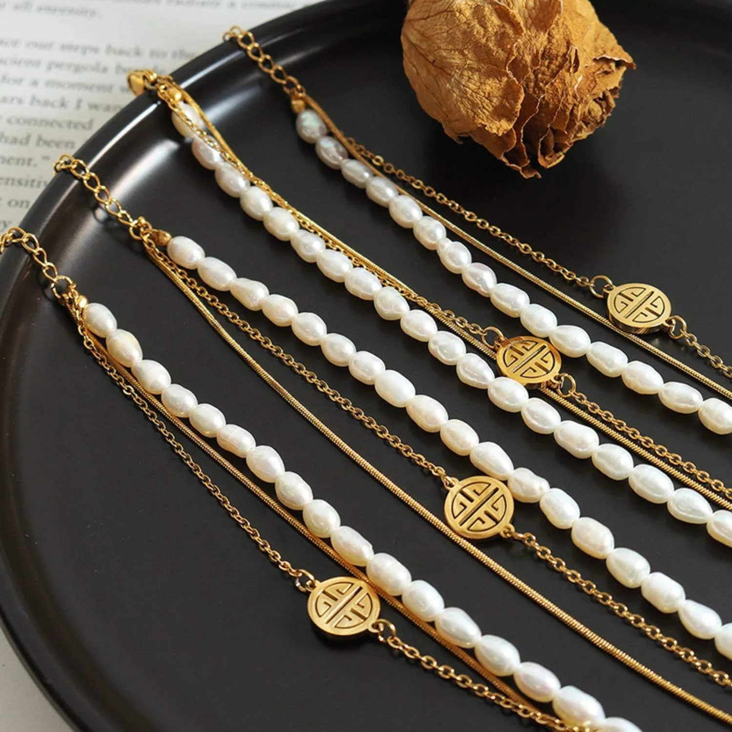 Titanium Steel Three-Layered Pearl Bracelet Gold One Size Bracelets - Tophatter Daily Deals
