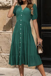 V-Neck Button Up Balloon Sleeve Midi Dress Green Casual Dresses - Tophatter Daily Deals