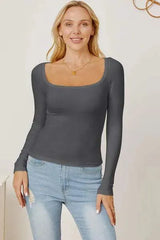 Square Neck Long Sleeve T-Shirt Charcoal Women's T-Shirts - Tophatter Daily Deals