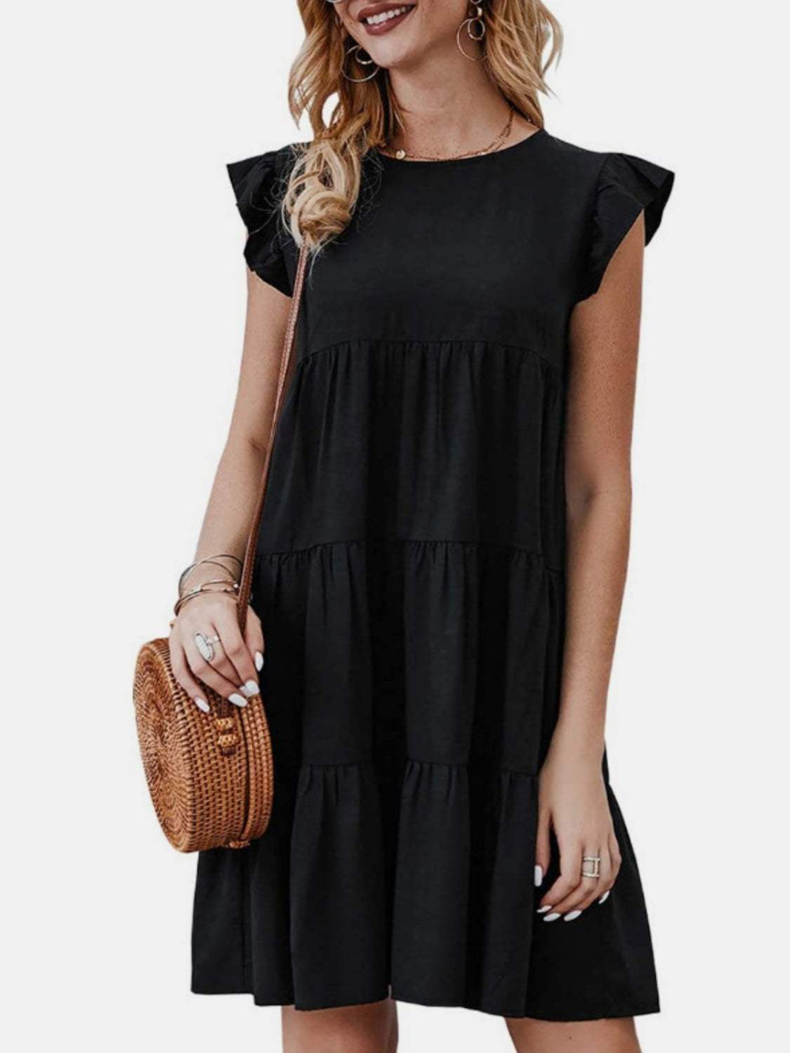 Ruffled Round Neck Cap Sleeve Mini Dress Black Casual Dresses - Tophatter Daily Deals