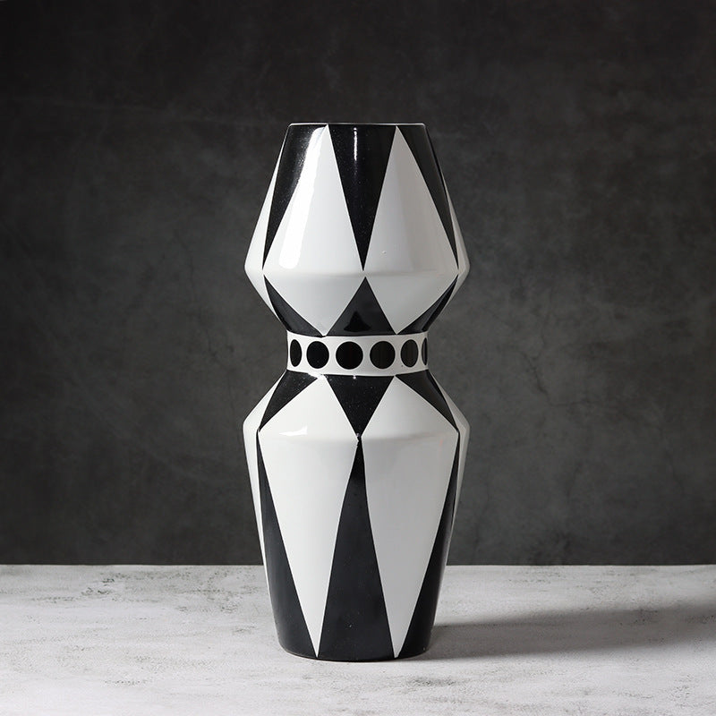 Black And White Striped Geometric Ceramic Vase Flower Ornaments 14x14x34CM 0 - Tophatter Daily Deals