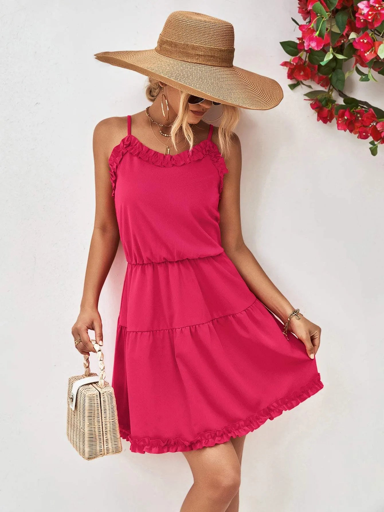 Frill Trim Spaghetti Strap Mini Dress Hot Pink Casual Dresses - Tophatter Daily Deals