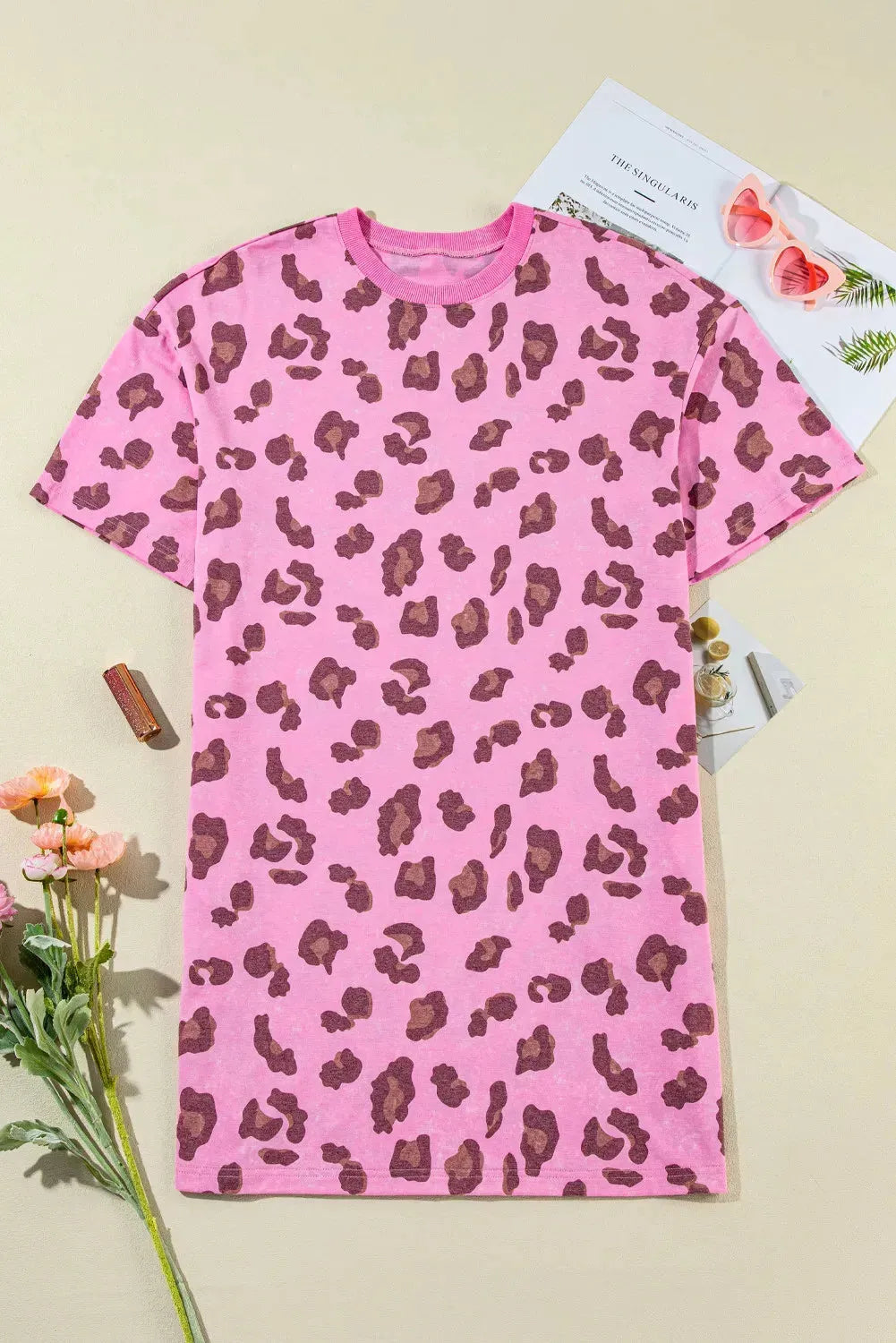 Leopard Round Neck Mini Tee Dress Pink Casual Dresses - Tophatter Daily Deals