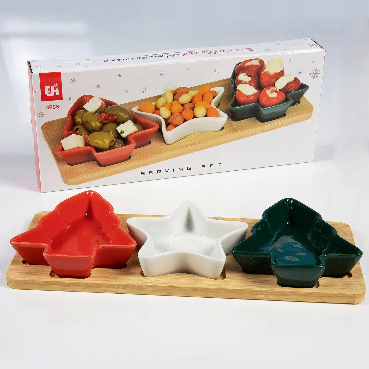 Christmas Serving Set | 3 Ceramic Snack Bowls with Bamboo Paddle Tray Serving Board - Tophatter Daily Deals