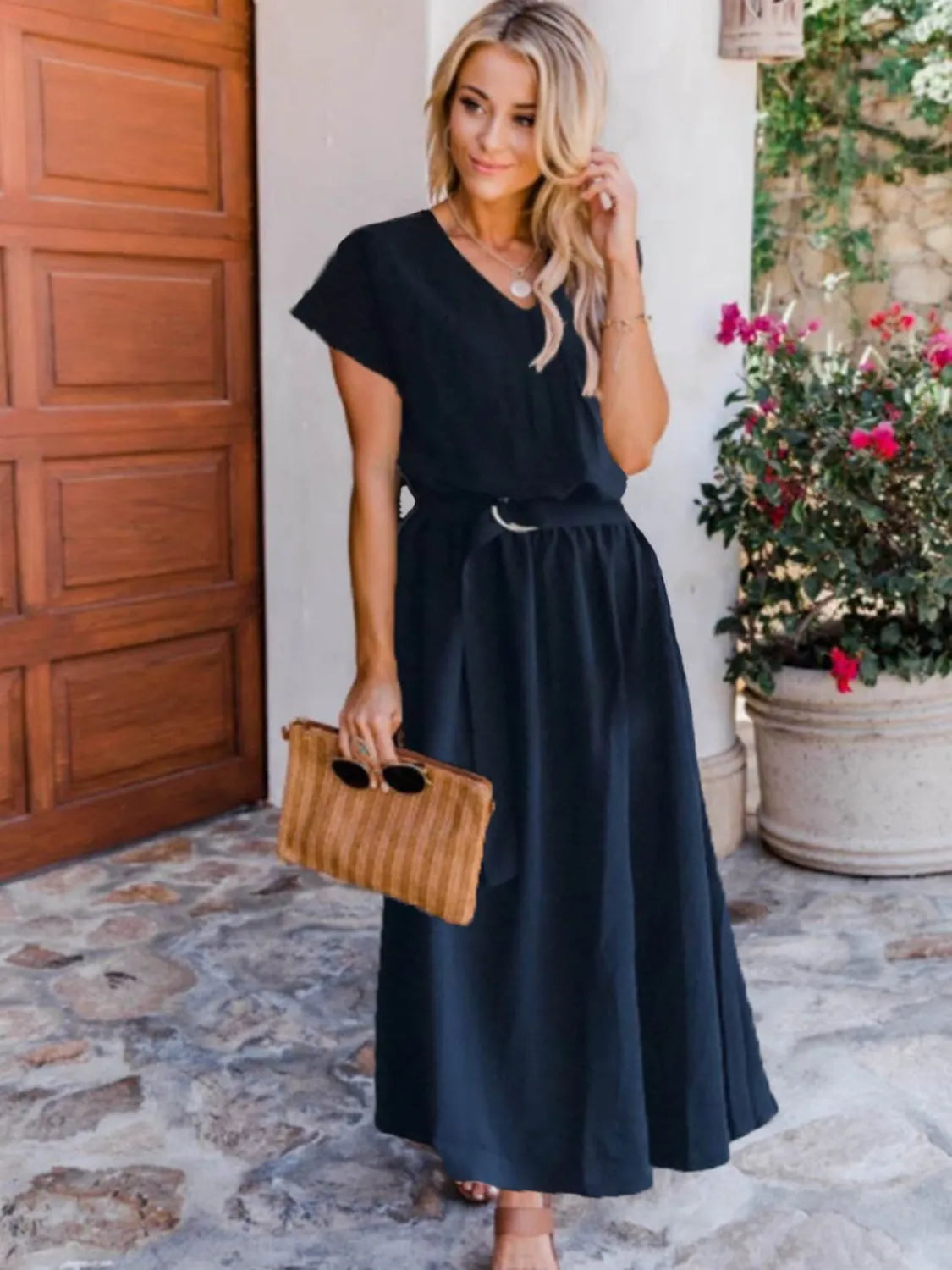 Ruched V-Neck Cap Sleeve Dress Black Casual Dresses - Tophatter Daily Deals