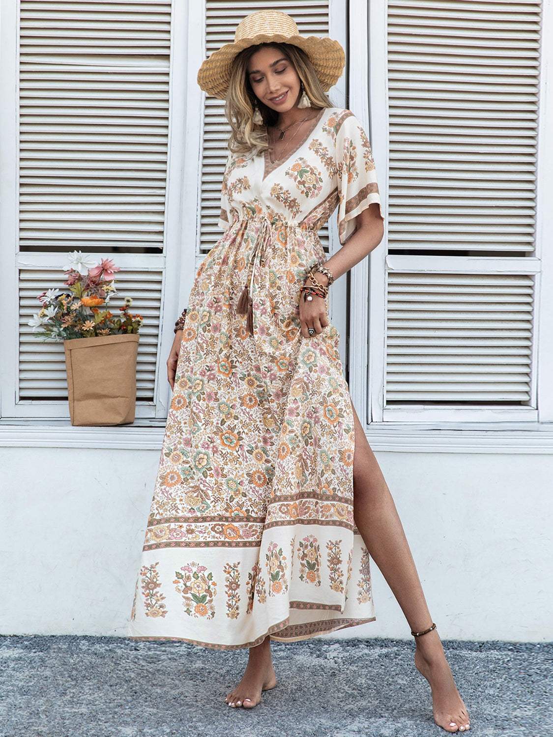 Drawstring Printed Plunge Half Sleeve Dress Casual Dresses - Tophatter Daily Deals