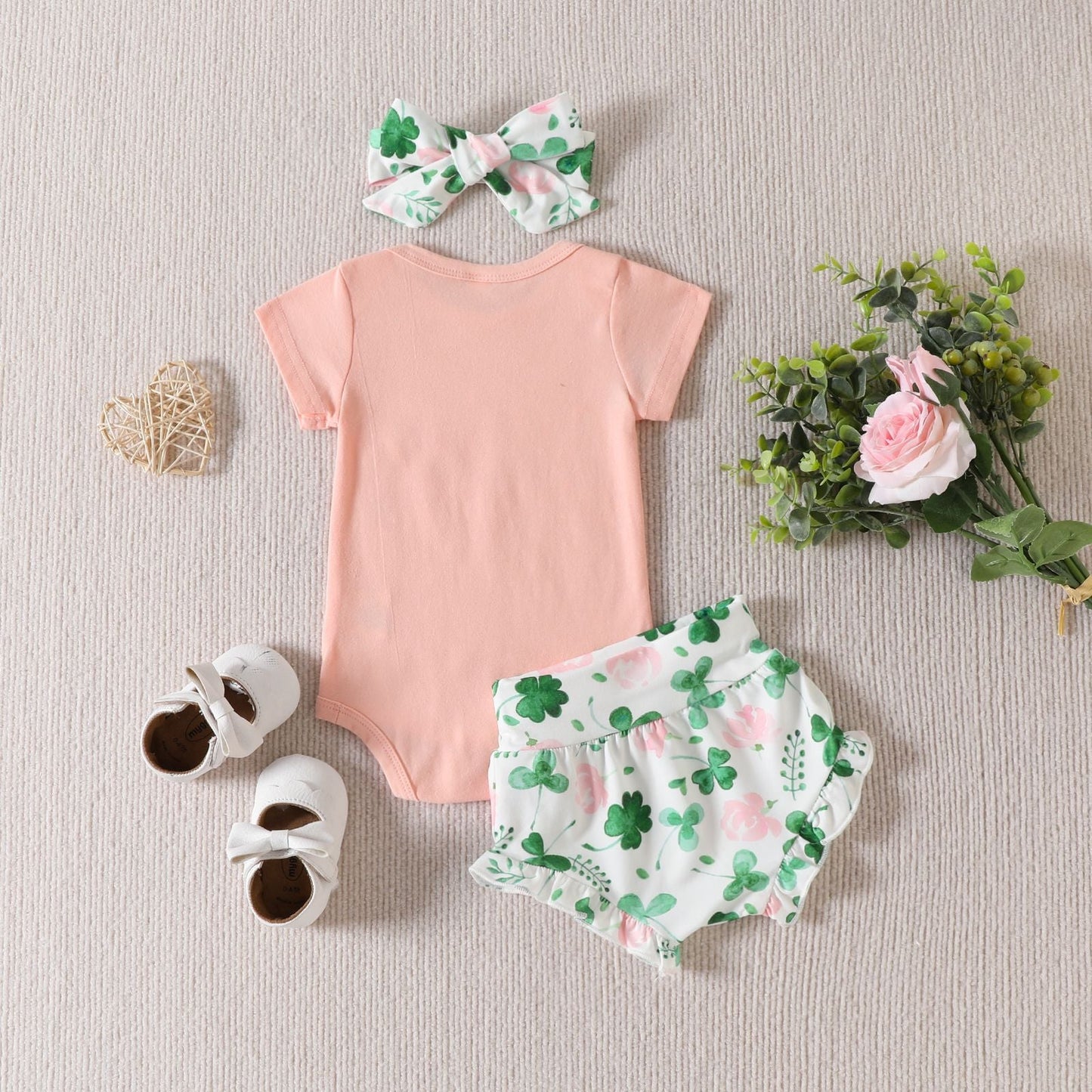 Alphabet Printed Romper Shorts With Three Piece Hair Band 0 - Tophatter Daily Deals