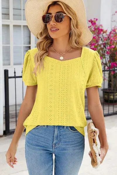 Eyelet Puff Sleeve T-Shirt Canary Yellow Women's T-Shirts - Tophatter Daily Deals