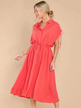 Drawstring Collared Neck Short Sleeve Midi Dress Casual Dresses - Tophatter Daily Deals