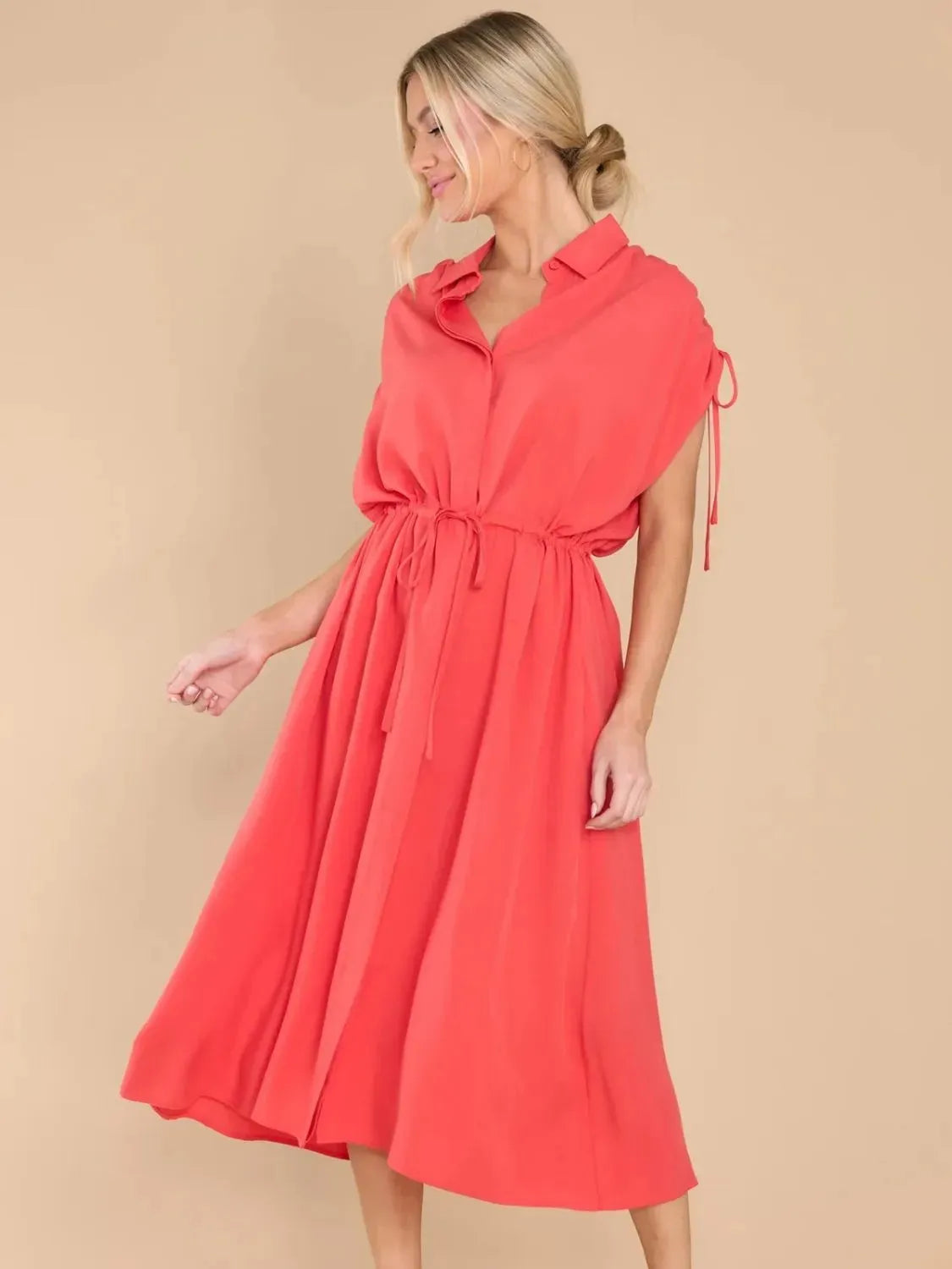 Drawstring Collared Neck Short Sleeve Midi Dress Casual Dresses - Tophatter Daily Deals