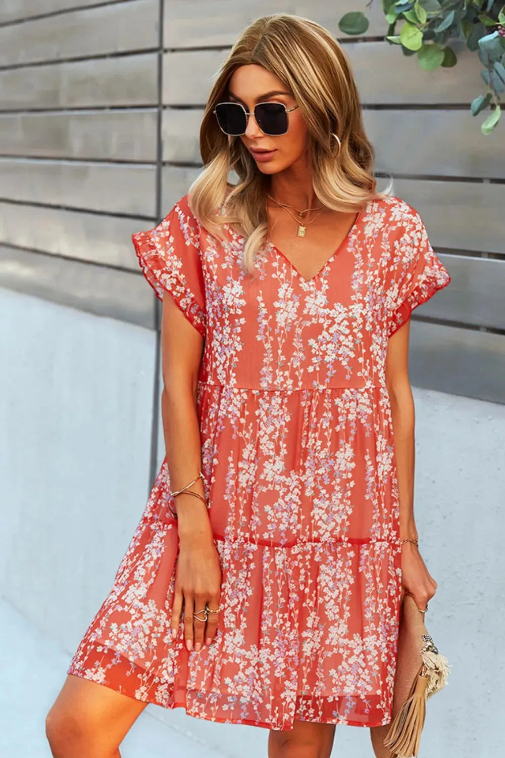 Printed V-Neck Short Sleeve Tiered Dress Casual Dresses - Tophatter Daily Deals