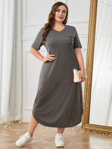 Plus Size Pocketed V-Neck Short Sleeve Lounge Dress Charcoal Sleep Dresses - Tophatter Daily Deals