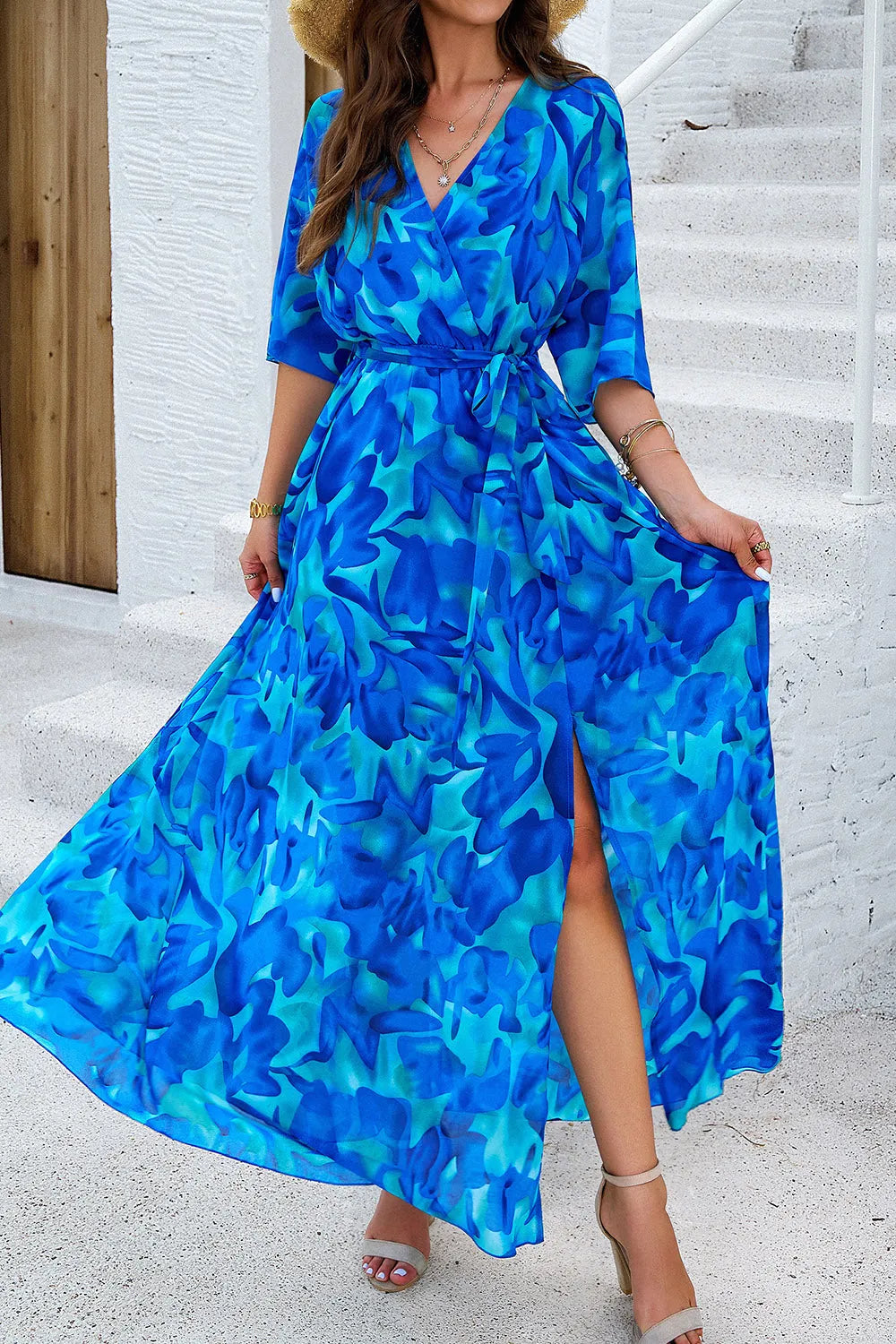 Printed Tied Half Sleeve Slit Dress Casual Dresses - Tophatter Daily Deals