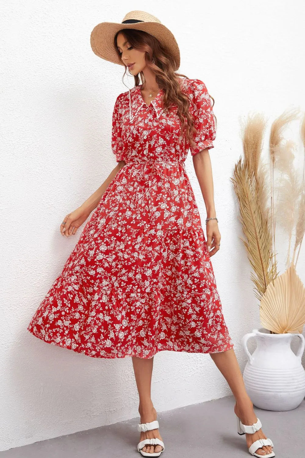 Floral Tie Waist Puff Sleeve Midi Dress Casual Dresses - Tophatter Daily Deals