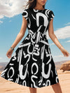 Printed Cap Sleeve Tie Waist Dress Black Casual Dresses - Tophatter Daily Deals