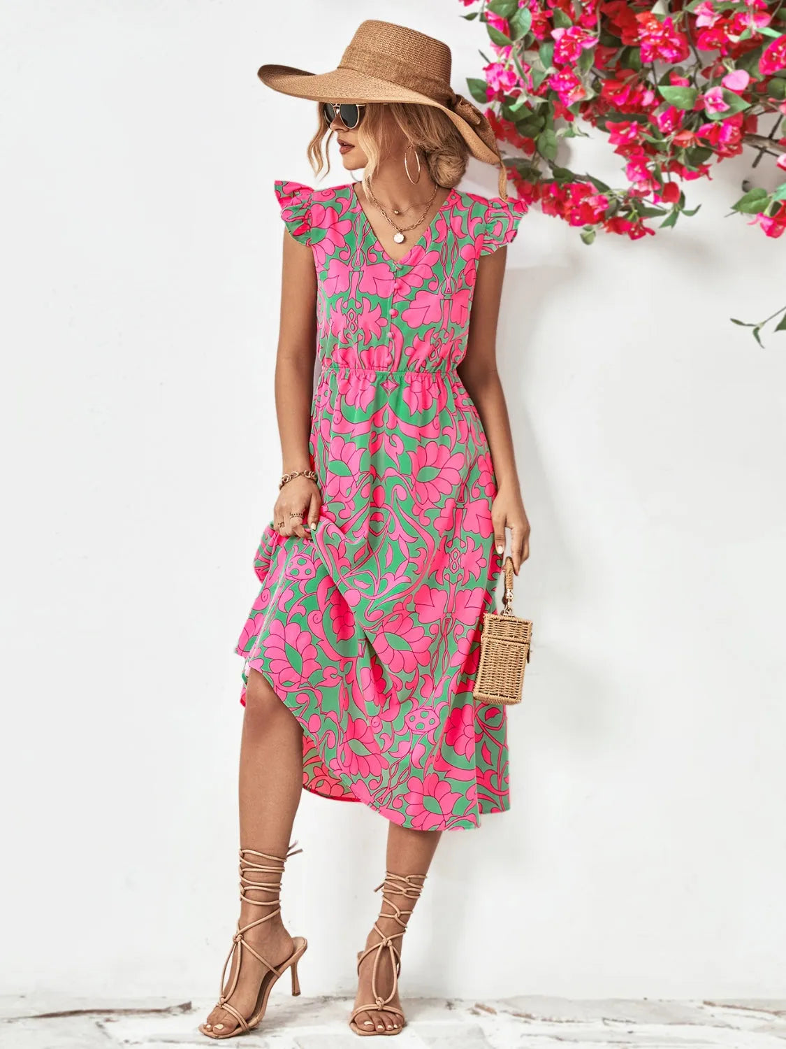 Printed V-Neck Cap Sleeve Dress Casual Dresses - Tophatter Daily Deals