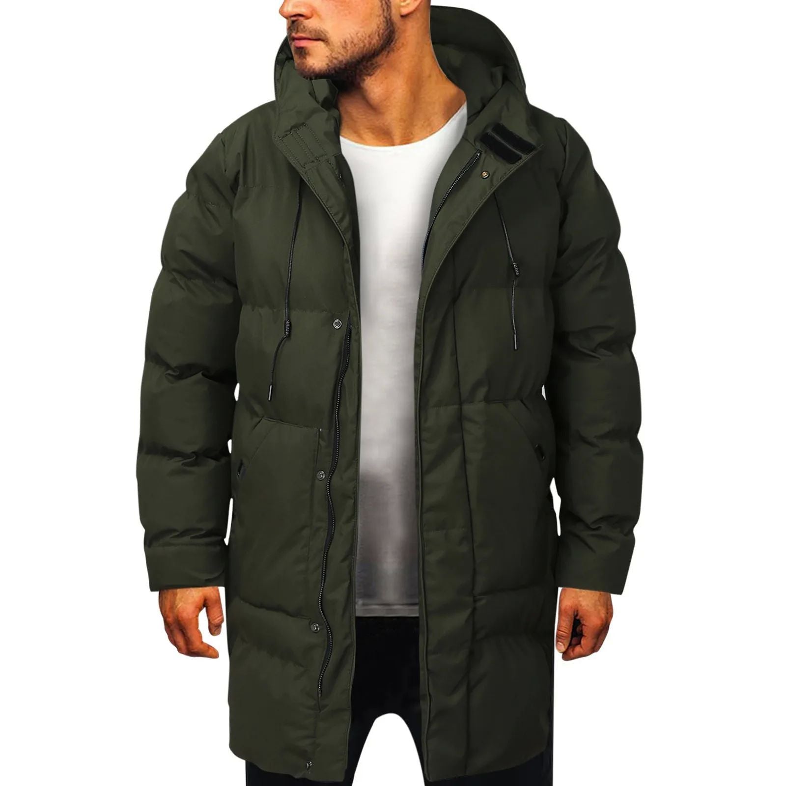 Warm Mens Long Puffer Coat - Hooded Insulated, Winter Green 3D Changing Face Moving Picture Frame - Tophatter Daily Deals
