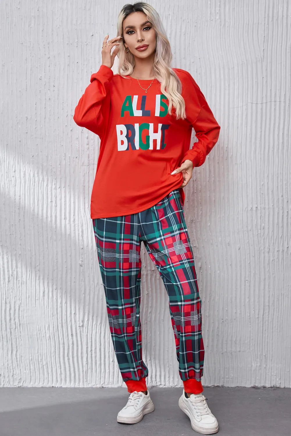 ALL IS BRIGHT Round Neck Top and Plaid Pants Lounge Set Red Loungewear Sets - Tophatter Daily Deals