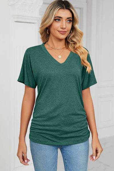 Ruched V-Neck Short Sleeve T-Shirt Green Women's T-Shirts - Tophatter Daily Deals