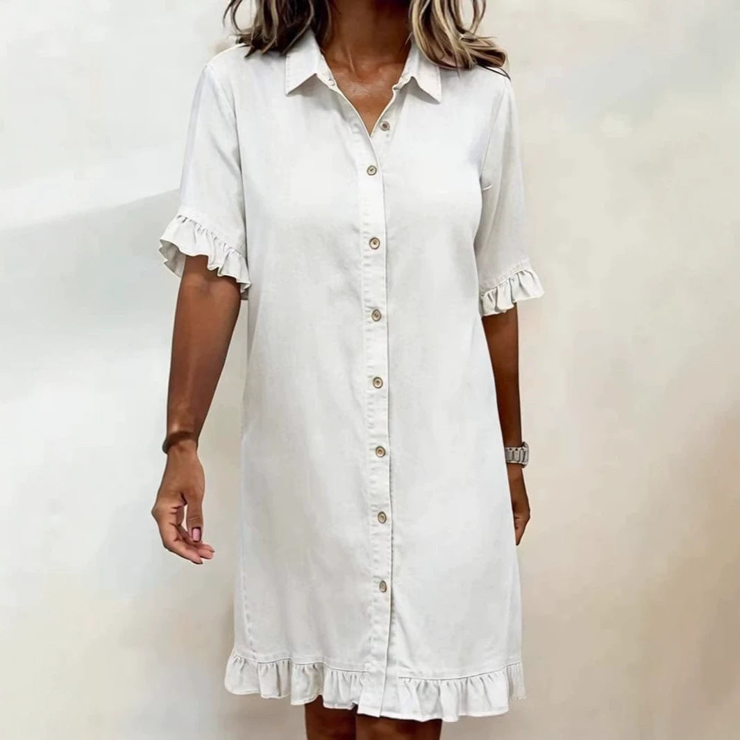 Women's Faux Denim Ruffle-Sleeve Shirt Dress Women's Dresses - Tophatter Daily Deals