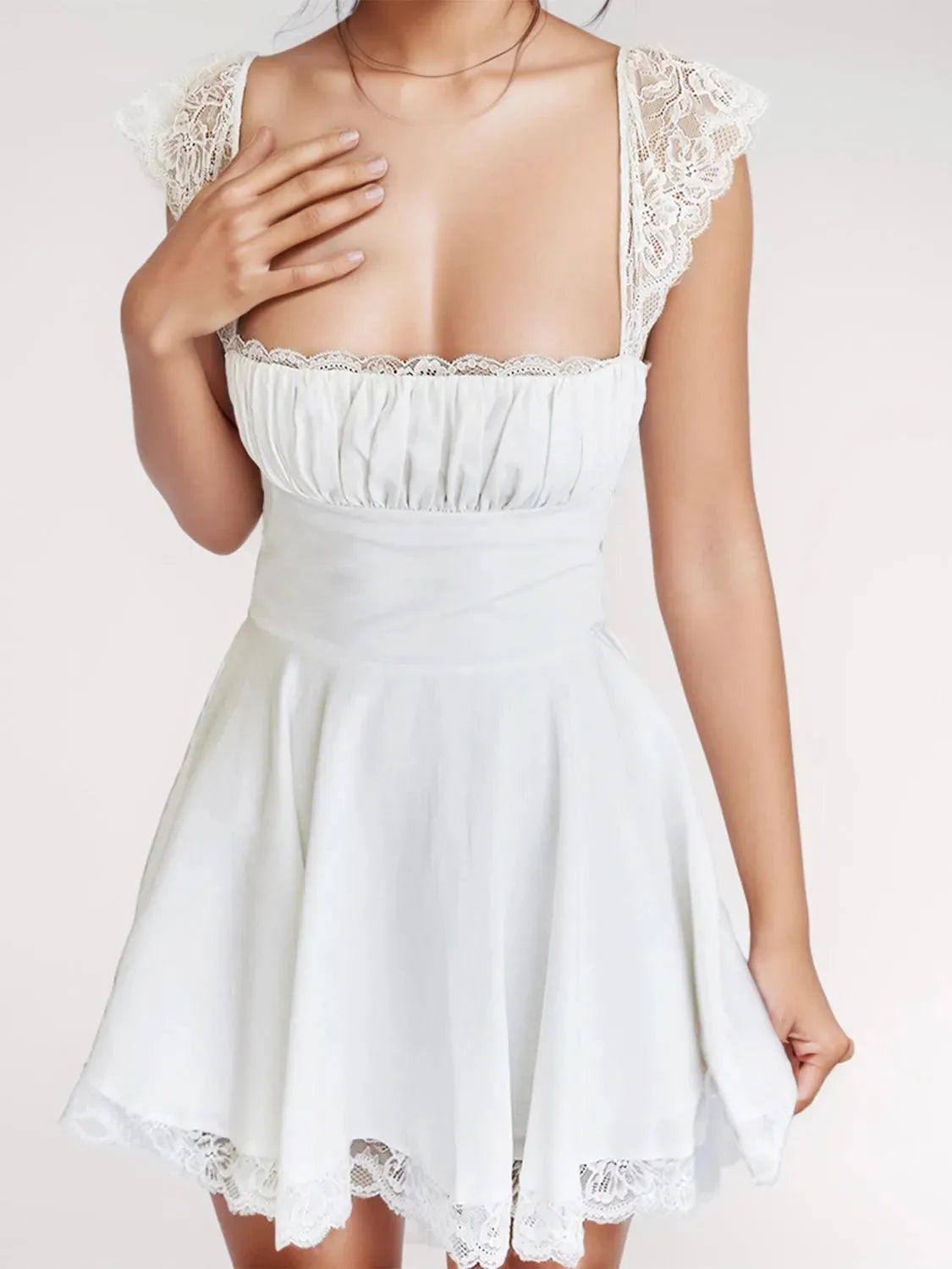 Lace Detail Square Neck Cap Sleeve Mini Dress Casual Dresses - Tophatter Daily Deals