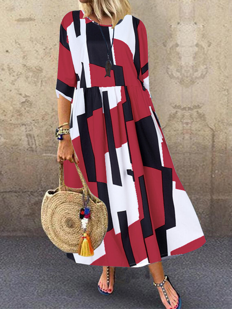 Geometric Print Loose Maxi Dress Red Maxi Dresses - Tophatter Daily Deals