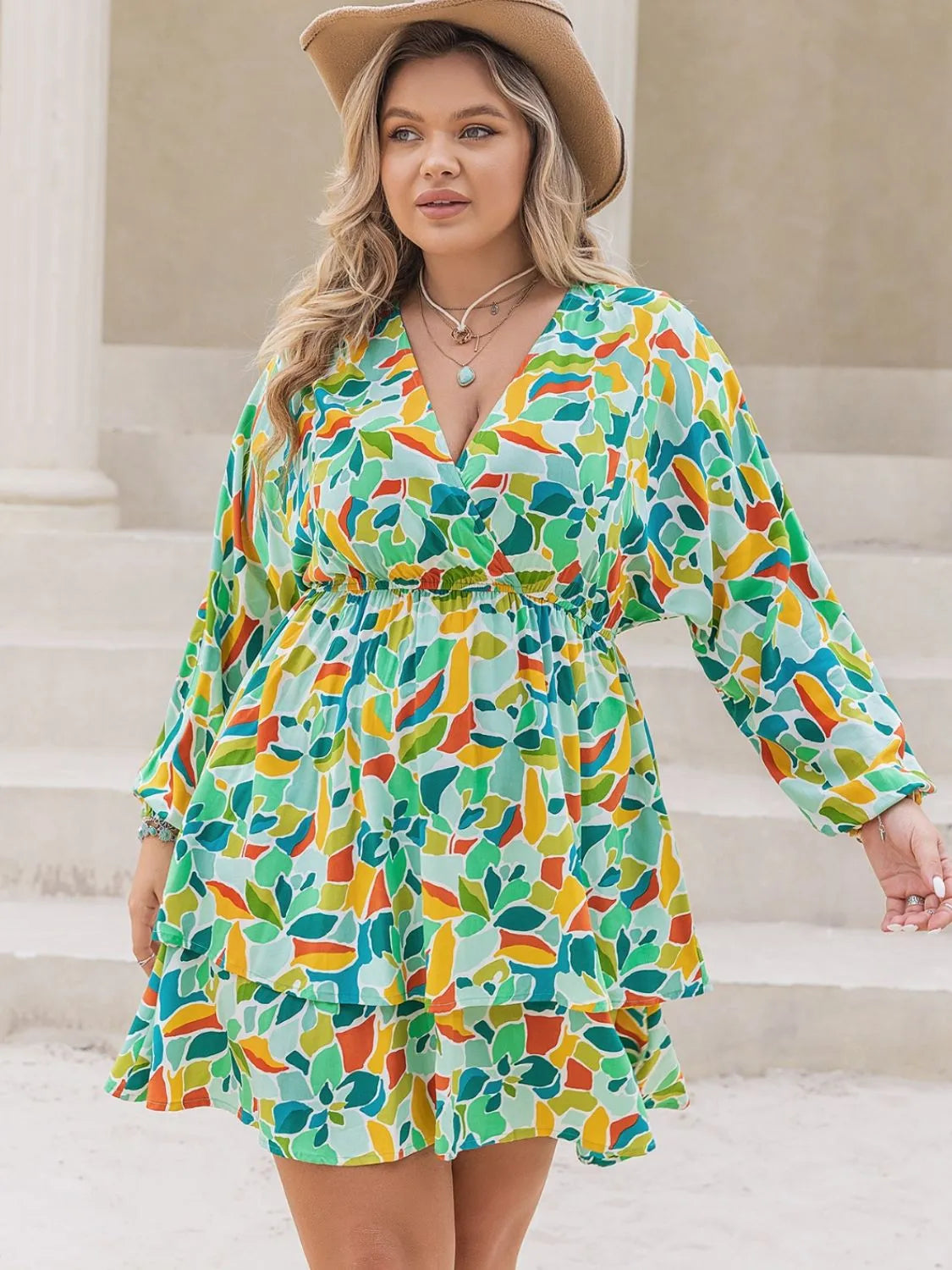 Plus Size Printed Surplice Long Sleeve Mini Dress Green Casual Dresses - Tophatter Daily Deals