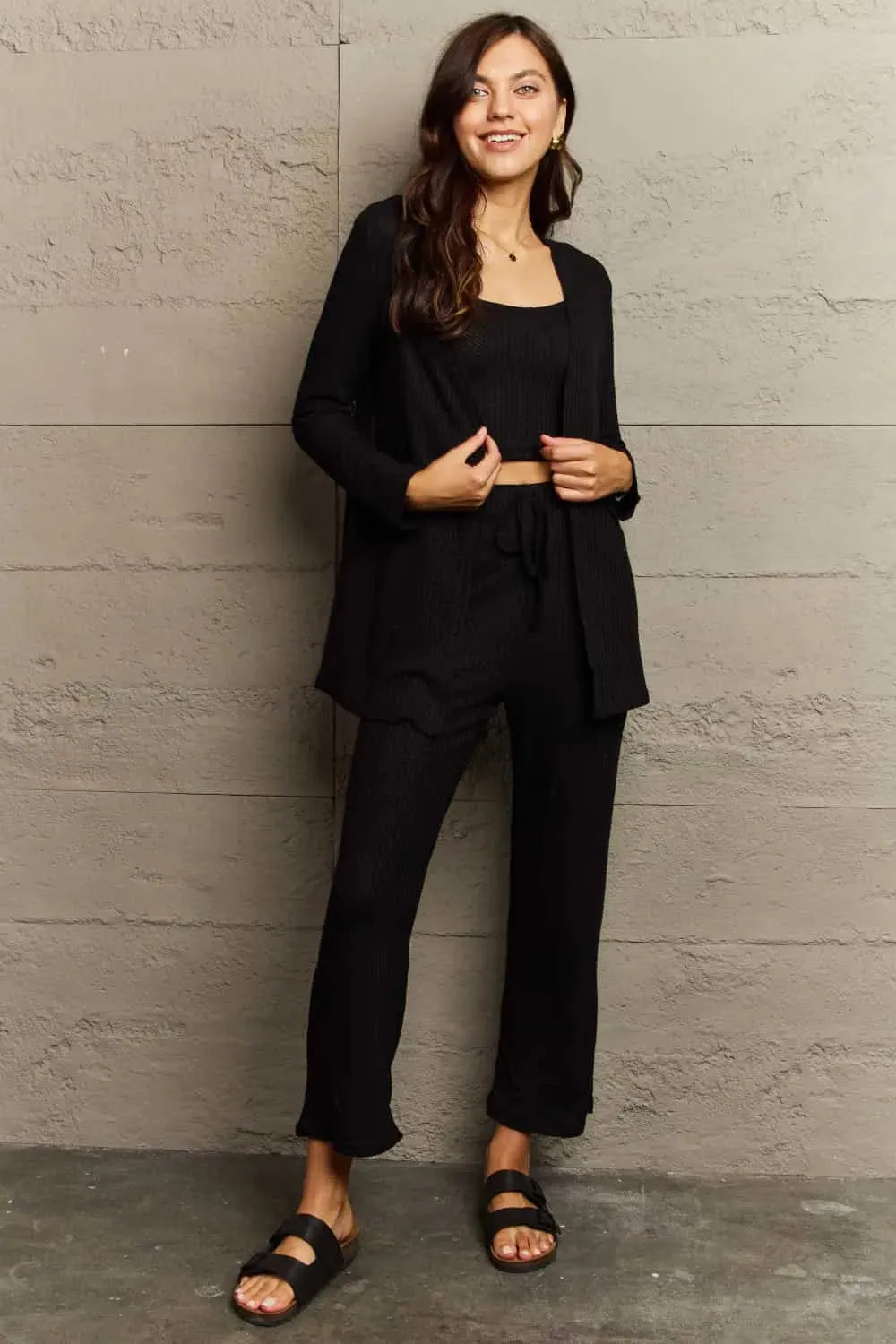 Ninexis Full Size Cropped Top, Long Pants and Cardigan Lounge Set Black Loungewear Sets - Tophatter Daily Deals