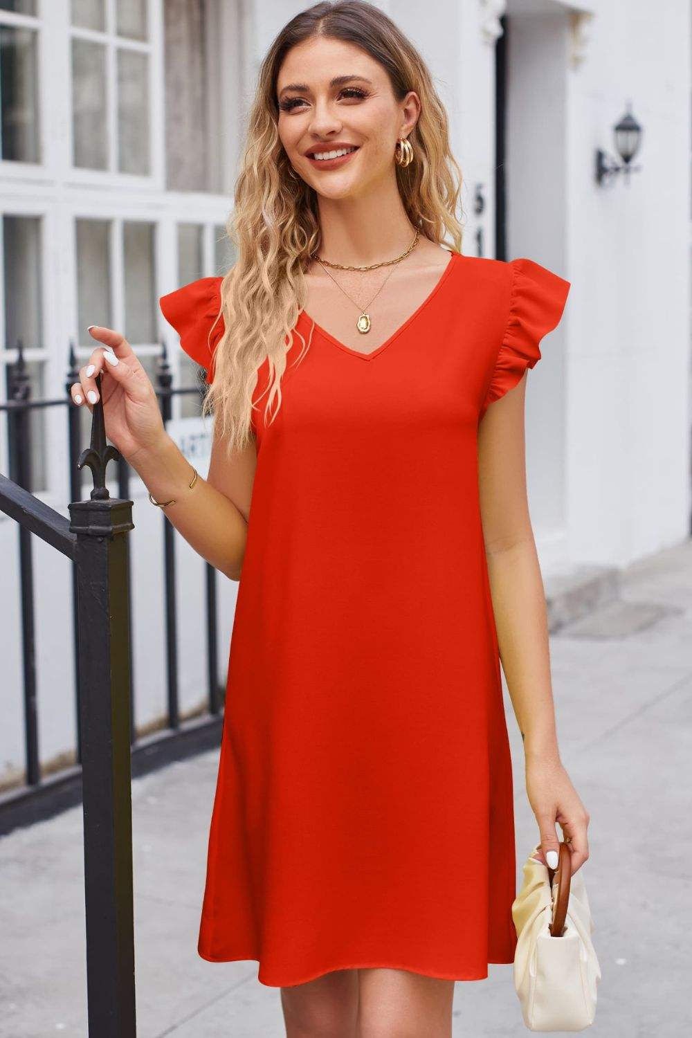 Ruffled V-Neck Flutter Sleeve Dress Casual Dresses - Tophatter Daily Deals