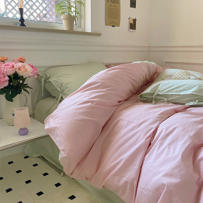 All Cotton Washed Cotton Four-piece Set Soft Comfortable Bow Bedding Spring Milk Green Powder 0 - Tophatter Daily Deals