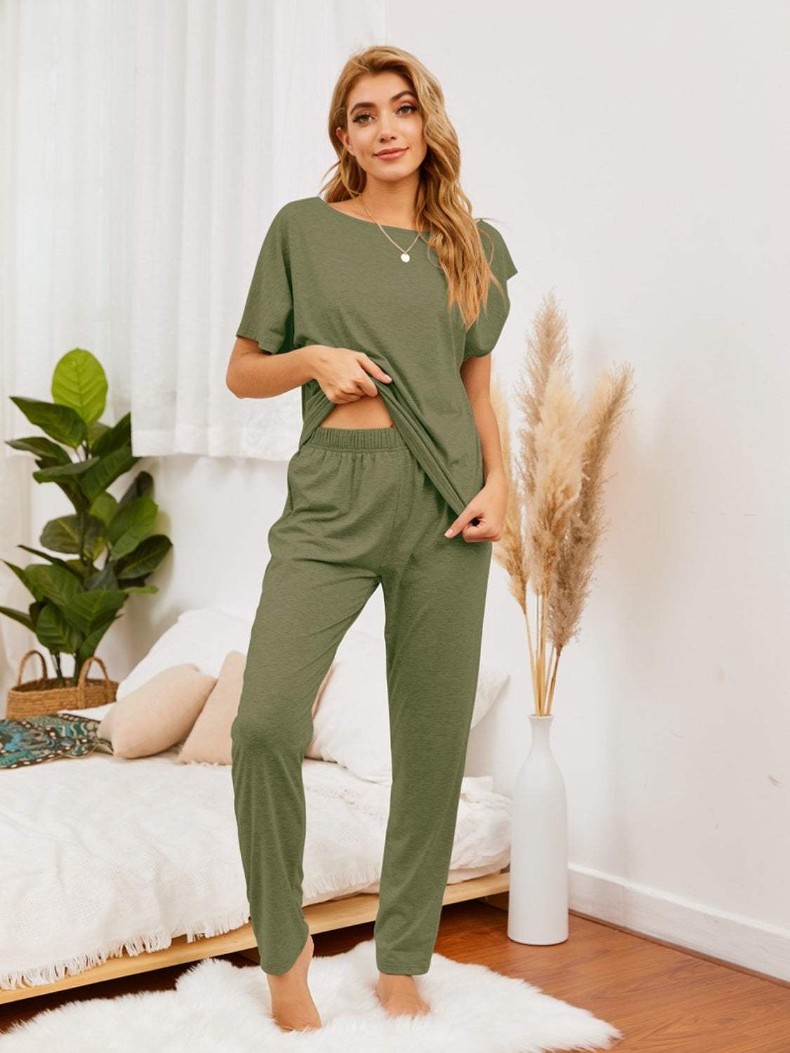 Boat Neck Top and Pants Lounge Set Moss Loungewear Sets - Tophatter Daily Deals