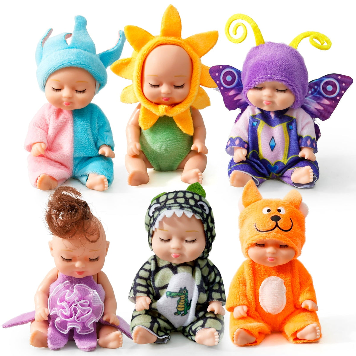 6-Piece Mini Baby Doll Set with Butterfly and Flower Outfits, 4 Inch Doll - Tophatter Daily Deals