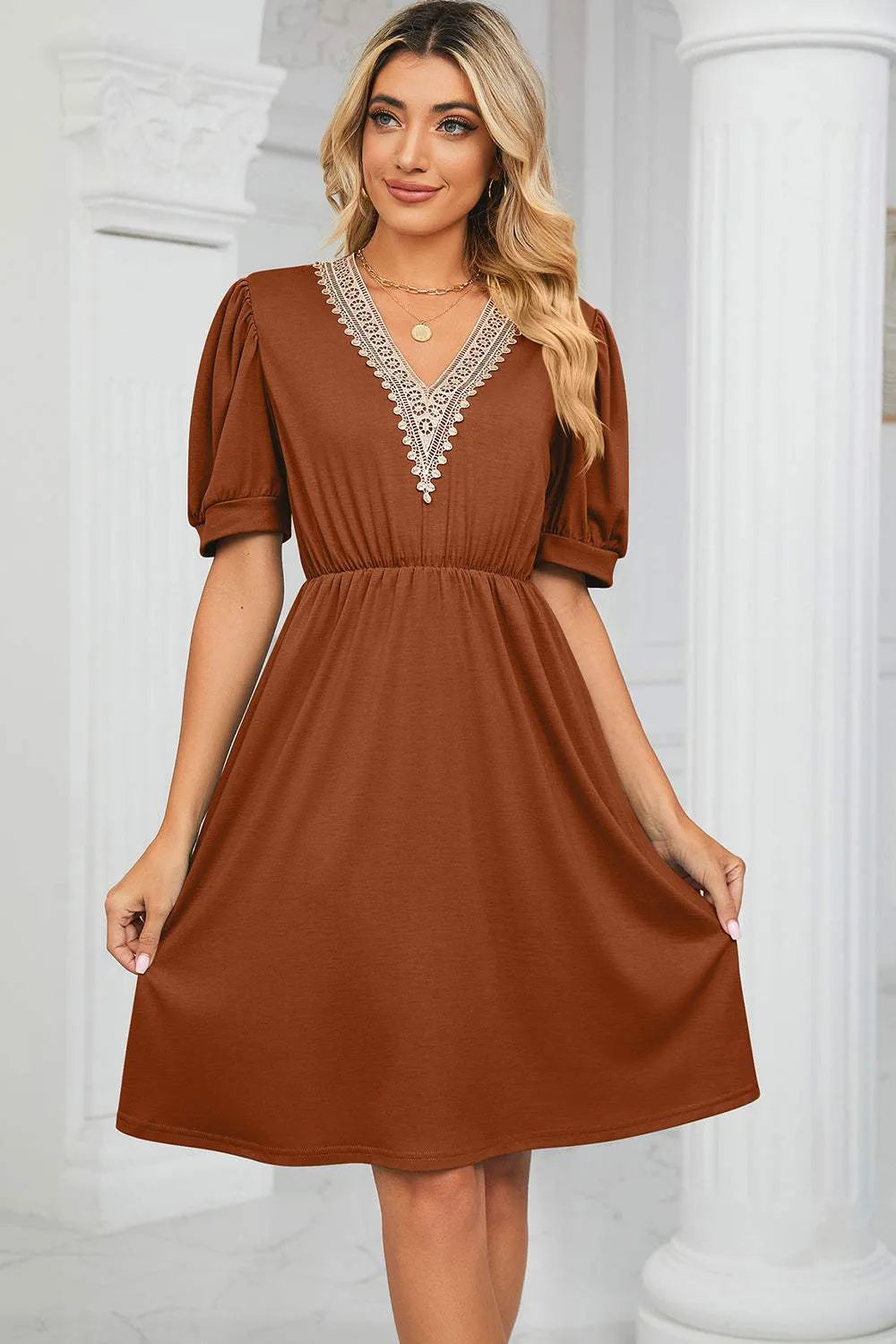 V-Neck Puff Sleeve Dress Caramel Casual Dresses - Tophatter Daily Deals