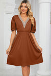 V-Neck Puff Sleeve Dress Caramel Casual Dresses - Tophatter Daily Deals