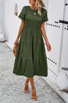 Smocked Round Neck Short Sleeve Midi Dress Casual Dresses - Tophatter Daily Deals