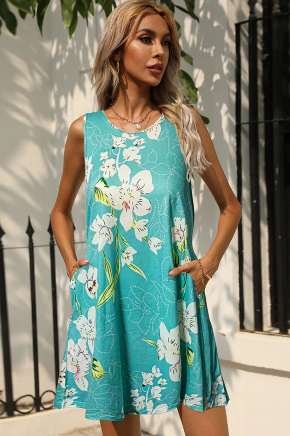 Printed Round Neck Sleeveless Dress with Pockets Pastel Blue Casual Dresses - Tophatter Daily Deals