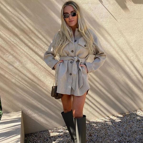 Turn Down Collar Jackets Fashion Tie Belt Waist Coats Women Elegant Pockets Jacket - Tophatter Daily Deals