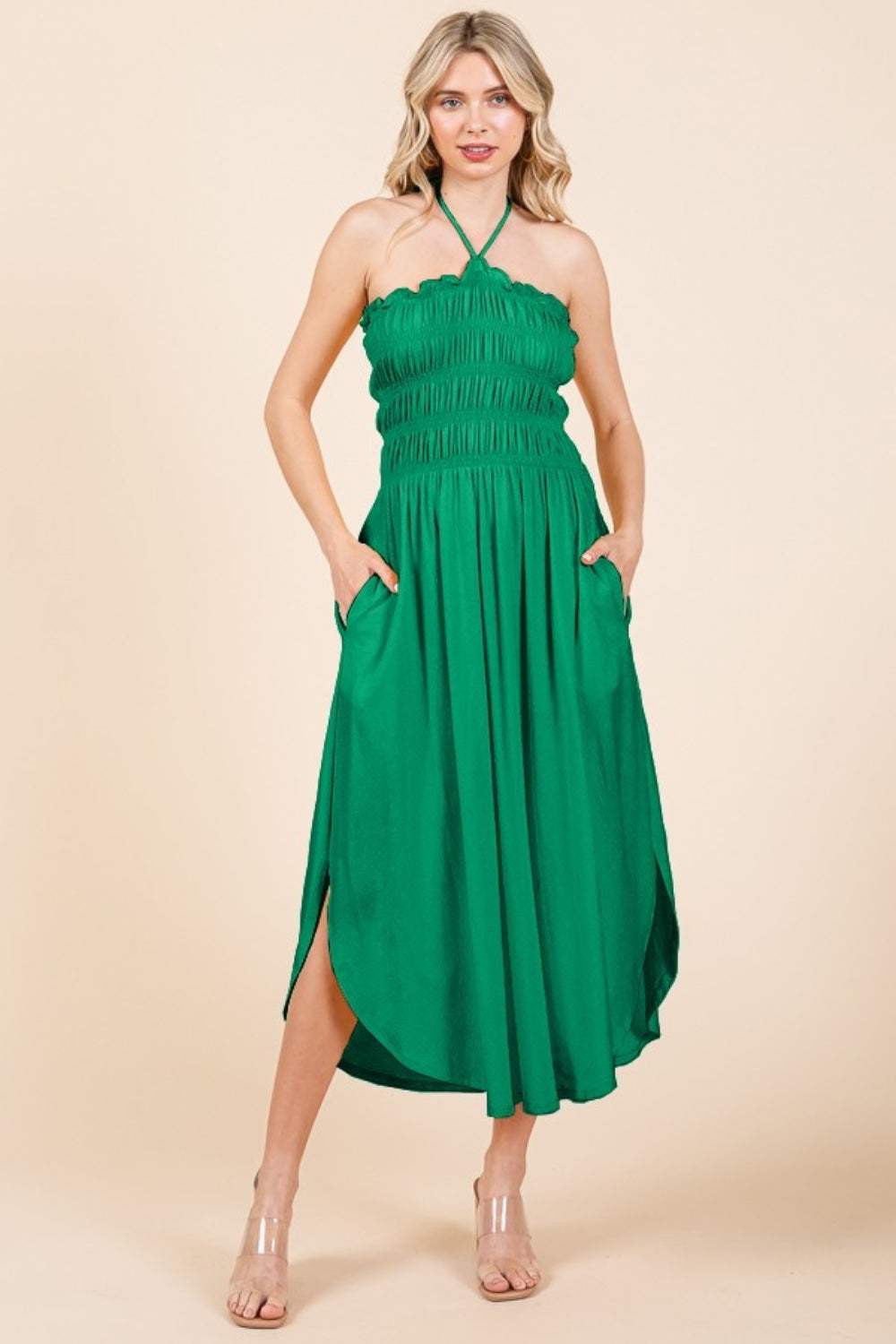 Culture Code Tie Back Shirring Dress with Pockets Green Pop Casual Dresses - Tophatter Daily Deals