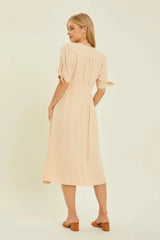 HEYSON Full Size Textured Linen V-Neck Button-Down Midi Dress Casual Dresses - Tophatter Daily Deals