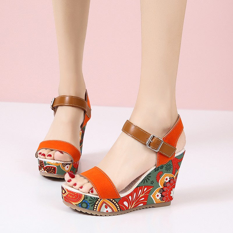 Fashion Flowers Embroidered High Wedge Sandals For Women Summer Toe Platform Buckle Shoes - Tophatter Deals