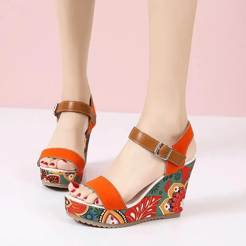 Fashion Flowers Embroidered High Wedge Sandals For Women Summer Toe Platform Buckle Shoes Orange Humidifier - Tophatter Daily Deals
