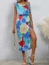 Slit Printed Single Shoulder Dress Ultra marine Casual Dresses - Tophatter Daily Deals