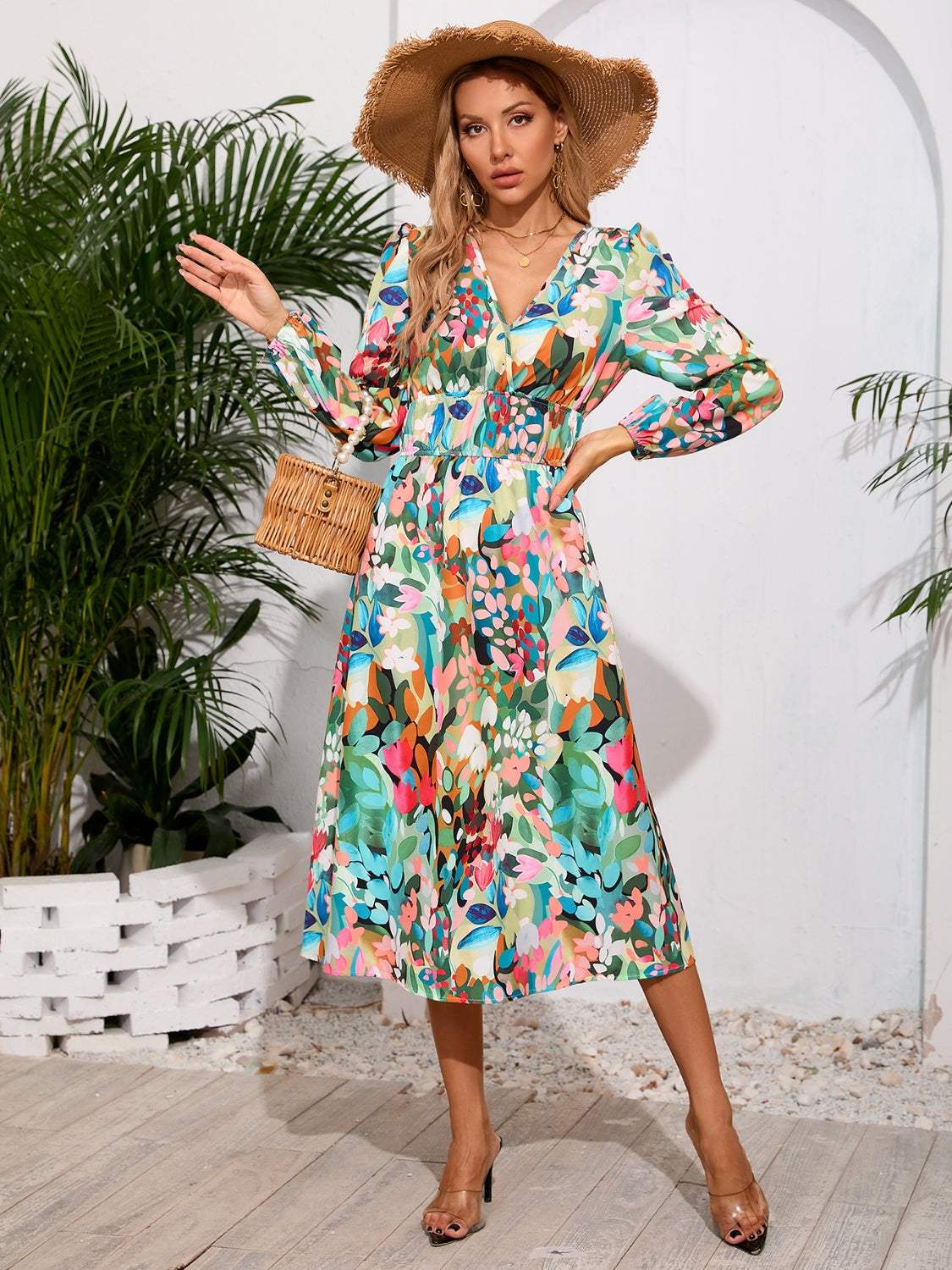 Printed Surplice Long Sleeve Midi Dress Teal Casual Dresses - Tophatter Daily Deals