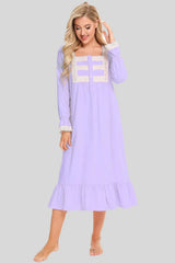 Lace Detail Square Neck Flounce Sleeve Night Dress Lavender Sleep Dresses - Tophatter Daily Deals